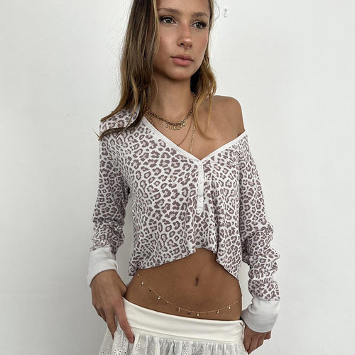 Damen nan figurbetonte Feinstrick-Henley mit Leopardenprint und V-Ausschnitt Shop Nory