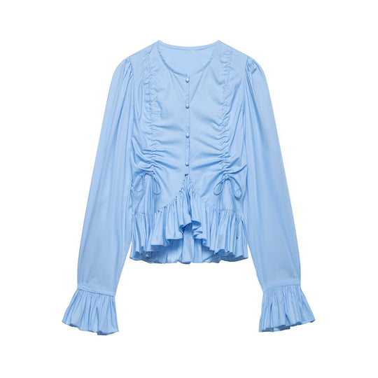Damen Rüschige Bluse mit Kordelzug, Ballonärmeln und Volant-Saum Shop Nory