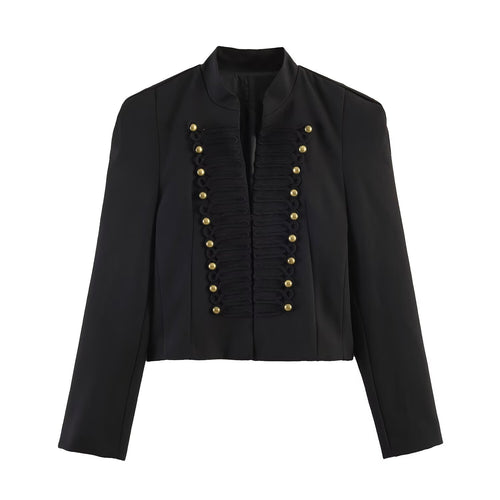 Damen militärinspirierte Cropped-Jacke mit Stehkragen und dekorativer Zierknopfpassé Shop Nory