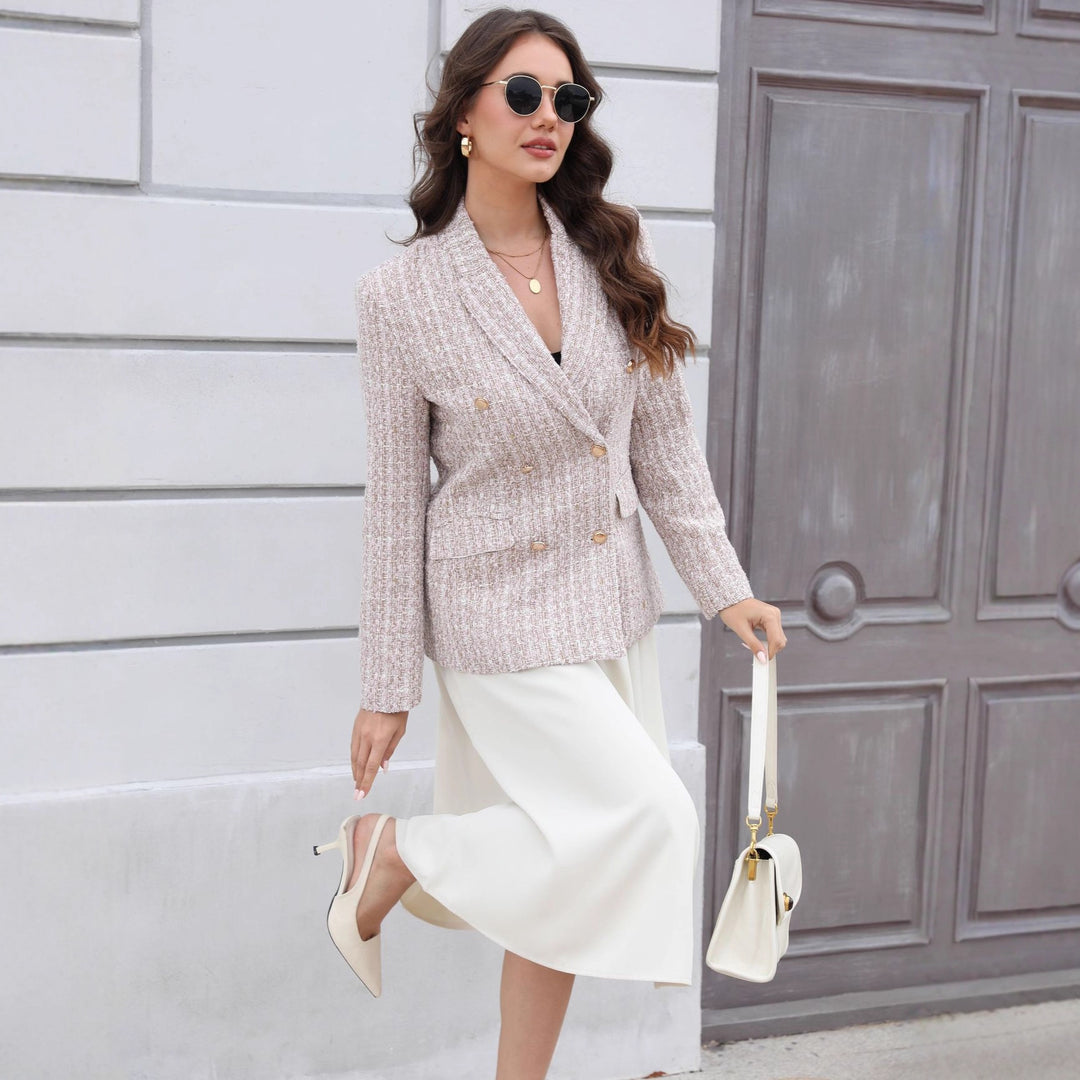 Damen Doppelreihiger Bouclé-Blazer mit Schalkragen, taillierter Silhouette und Zierknöpfen Shop Nory