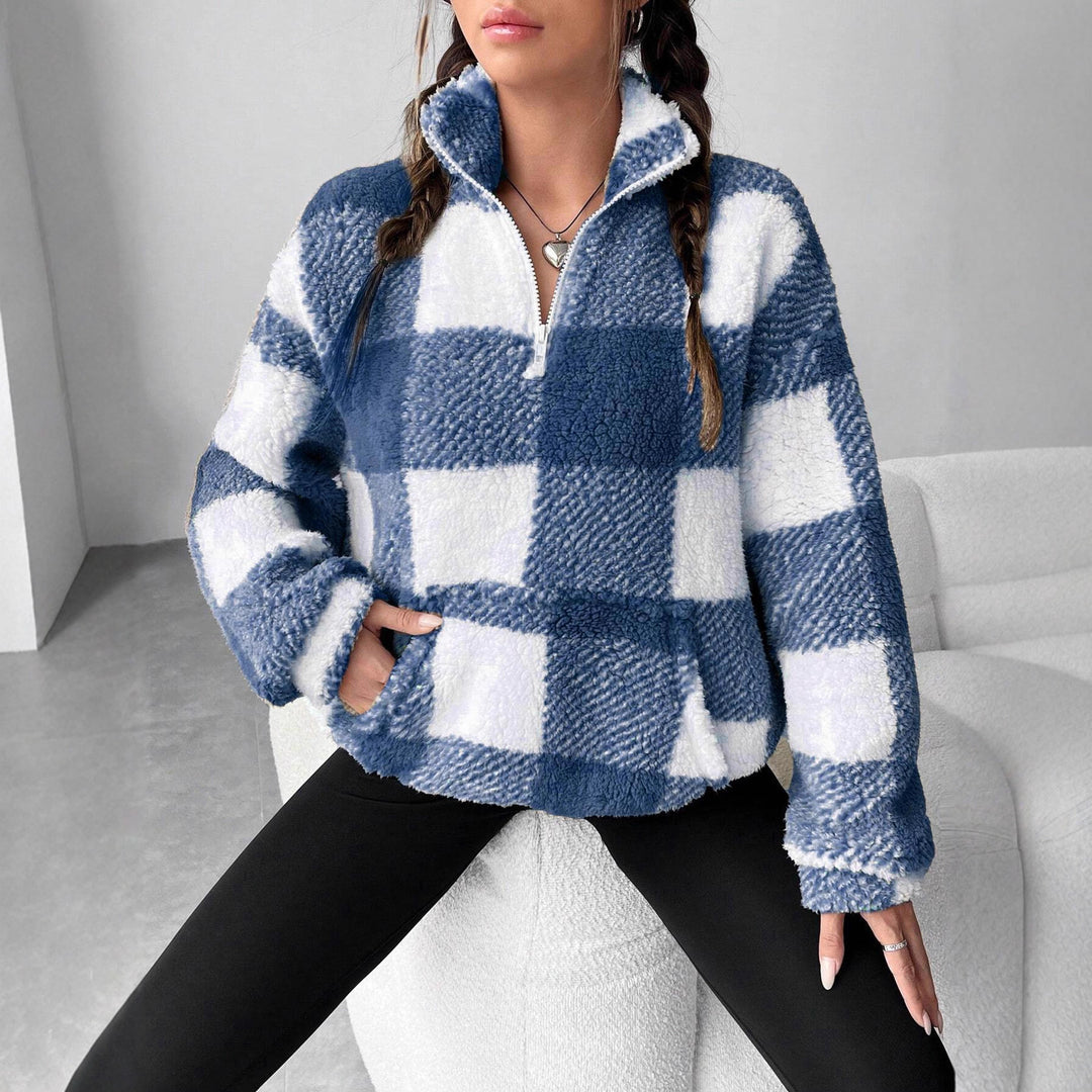 Damen nan kuscheliger Sherpa-Pullover mit Stehkragen, Half-Zip und Kängurutasche Shop Nory