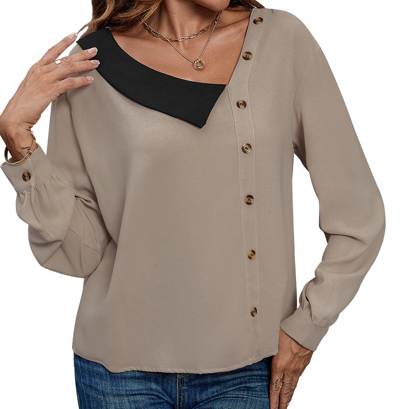 Damen Asymmetrische Hemdbluse mit kontrastiertem Kragen und dekorativer Knopfleiste Shop Nory