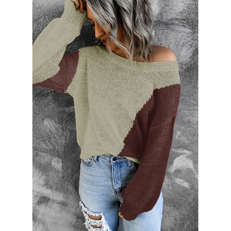 Damen Oversize Schulterfreier Strickpullover mit Colorblock-Design und weiten Ärmeln Shop Nory