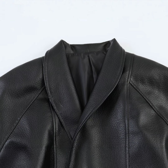 Damen Kurzjacke aus genarbtem Leder mit Schalkragen und Bindegürtel Shop Nory