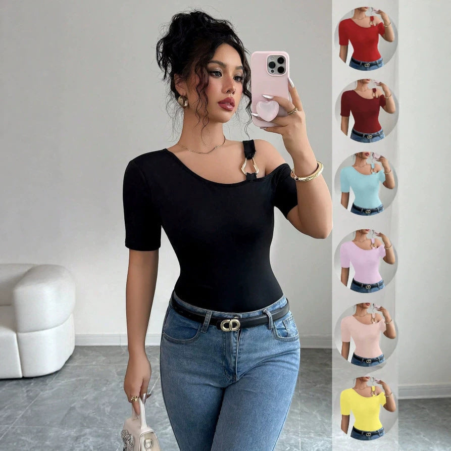Damen eleganter Body mit asymmetrischem Ausschnitt und kurzärmeliger Gestaltung Shopnory