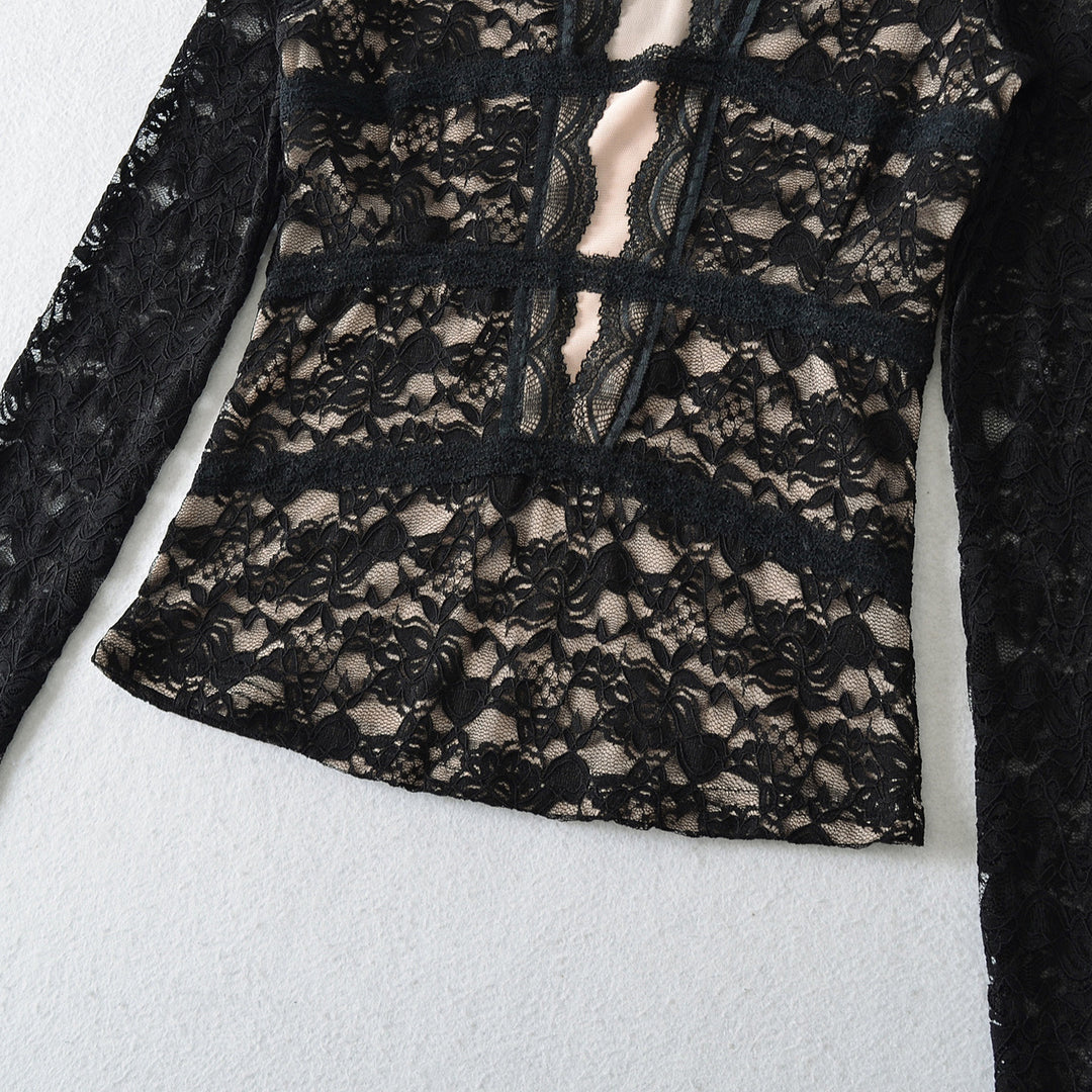 Damen Transparente Spitzenbluse mit V-Ausschnitt, taillierten Einsätzen und langen Ärmeln Shop Nory