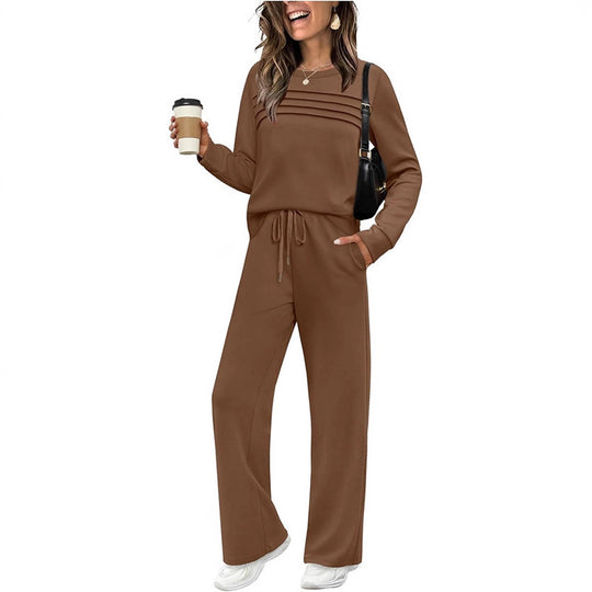 Damen Zweiteiliges Lounge-Set mit Plissee-Detail, Rundhals-Sweatshirt und weitem Kordel-Hose Shop Nory