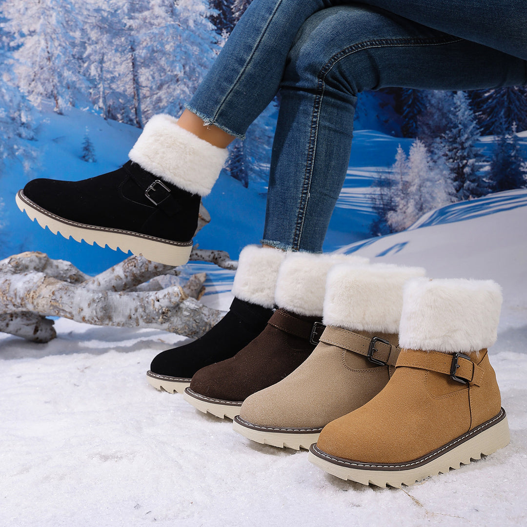 Damen Gefütterte Kurzstiefelette mit Kunstfellkragen, Velours‑Optik und Zierschnalle Shop Nory
