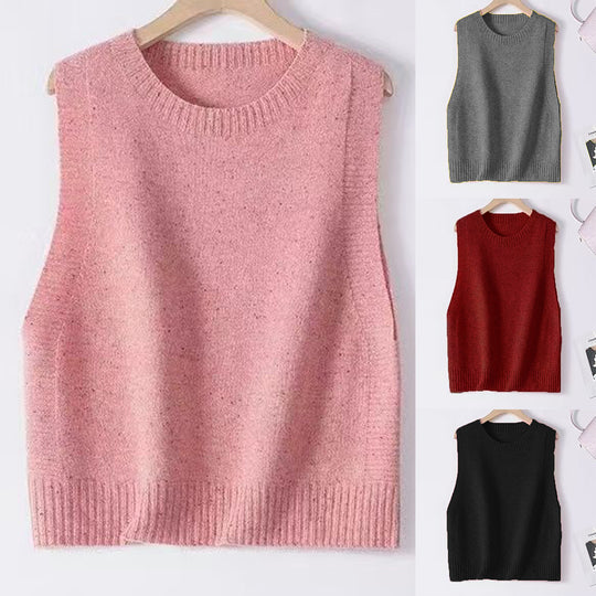 Damen Gestrickte Oversize-Ärmellose Weste mit Rundhalsausschnitt und Rippbündchen Shop Nory