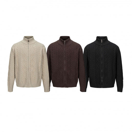 Herren Zopfmuster-Strickjacke mit durchgehendem Reißverschluss und hohem Rippkragen Shop Nory