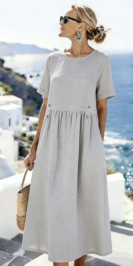 Damen Langes Leinenoptik-Sommerkleid mit geraffter Taillenpartie und Eingrifftaschen Shop Nory