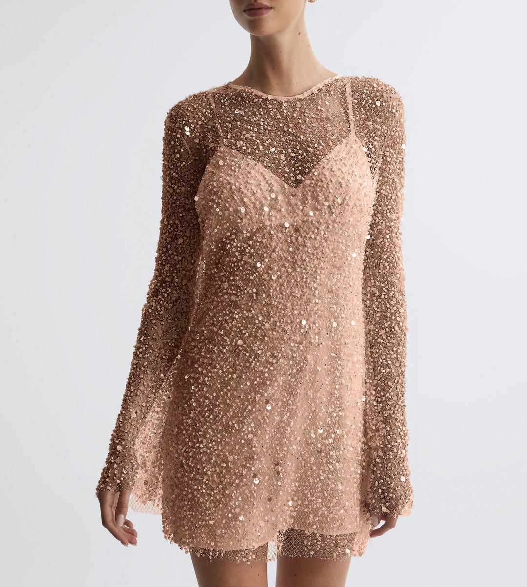 Damen Glitzerndes Cocktailkleid mit schimmernden Pailletten und langen Ärmeln