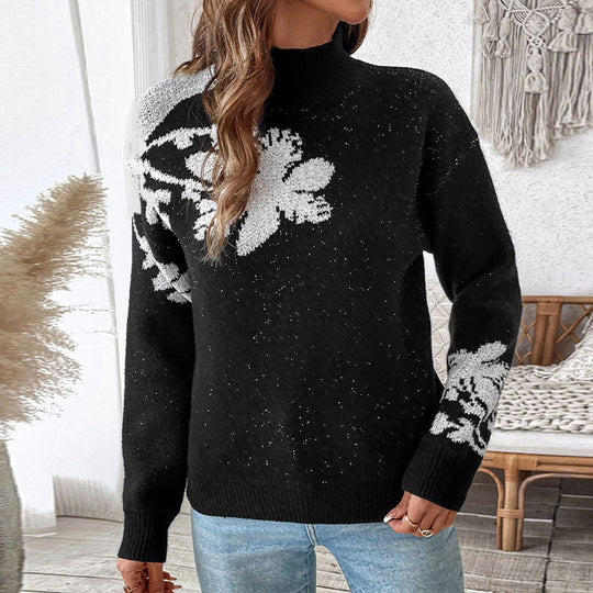 Damen Troyer-Pullover mit hohem Kragen und floraler Jacquard-Intarsie Shop Nory