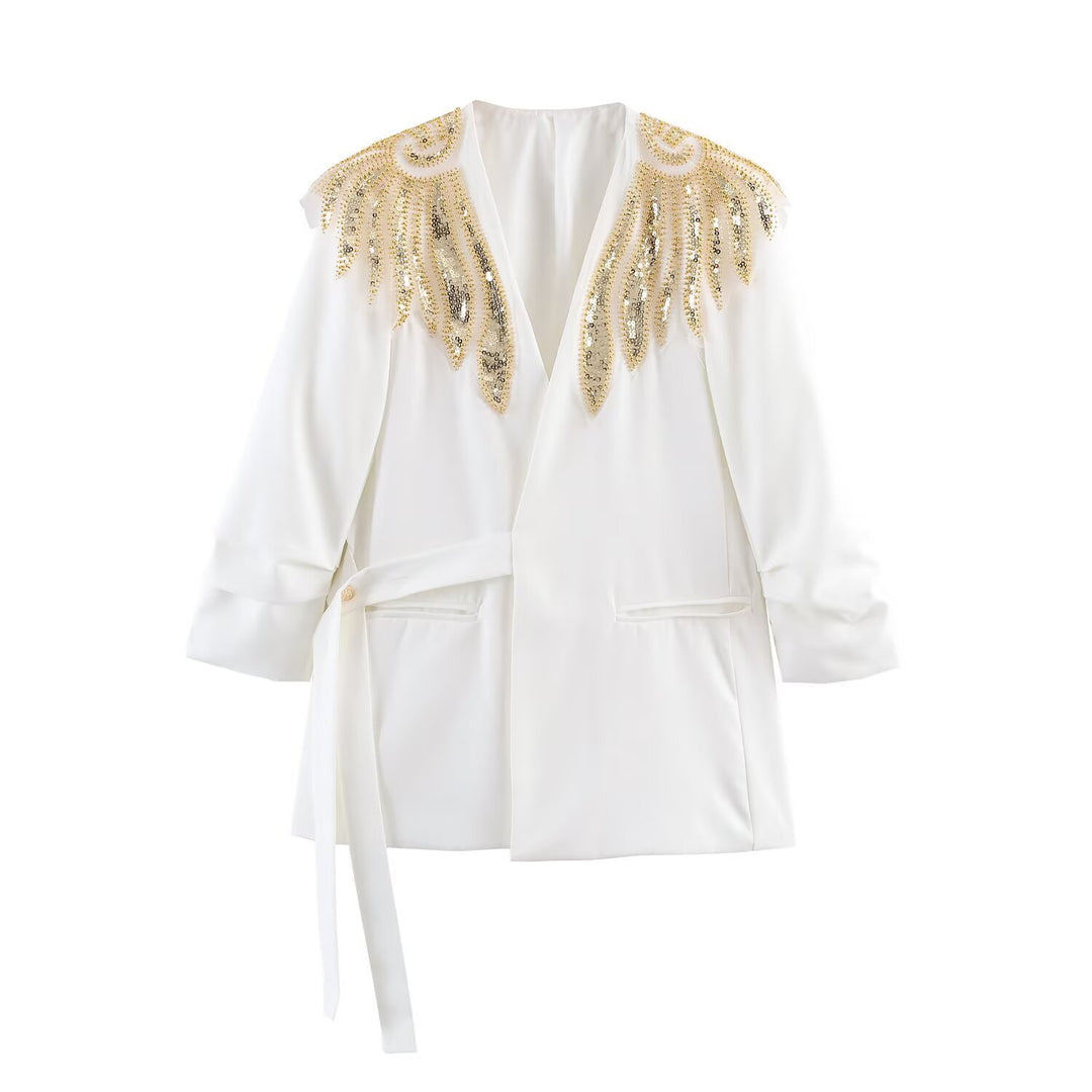 Damen Langline-Blazer mit goldbestickten Schultern und Bindegürtel Shop Nory