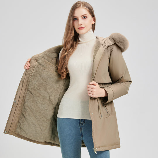 Damen nan taillierter Funktionsparka mit asymmetrischer Frontblende, verstellbarem Tunnelzug und windschützendem Stehkragen Shop Nory