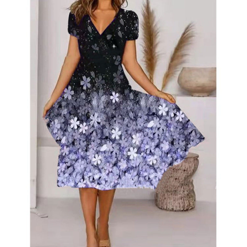 Damen A-Linie Sommerkleid mit V-Ausschnitt und floralen Akzenten