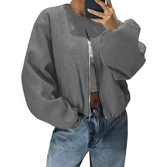 Damen Kurzjacke mit durchgehendem Reißverschluss, Ballonärmeln und elastischem Saum Shop Nory
