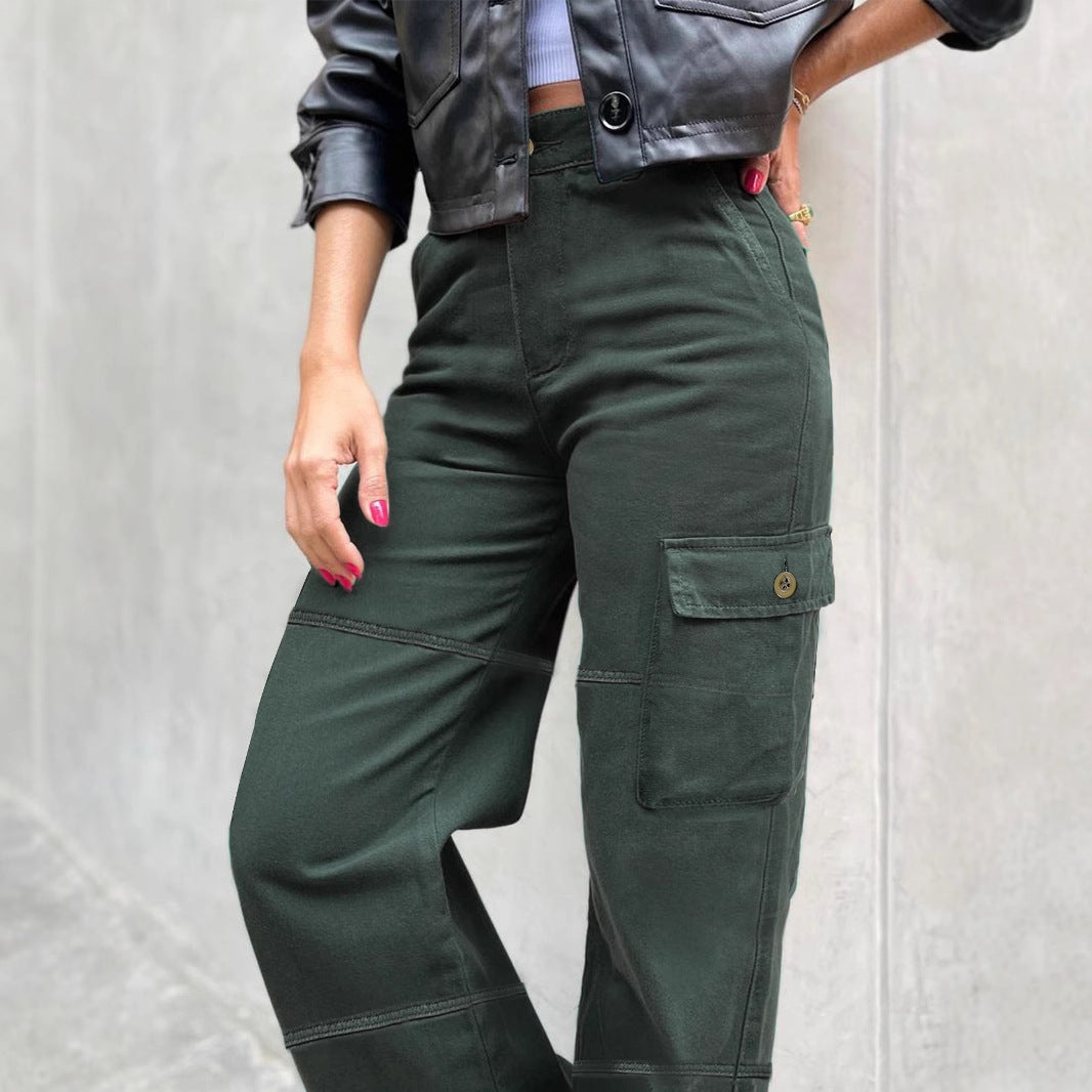 Damen Hochtaillierte Cargo-Palazzo-Hose mit Nahtsegmenten und seitlicher Klapptasche Shop Nory