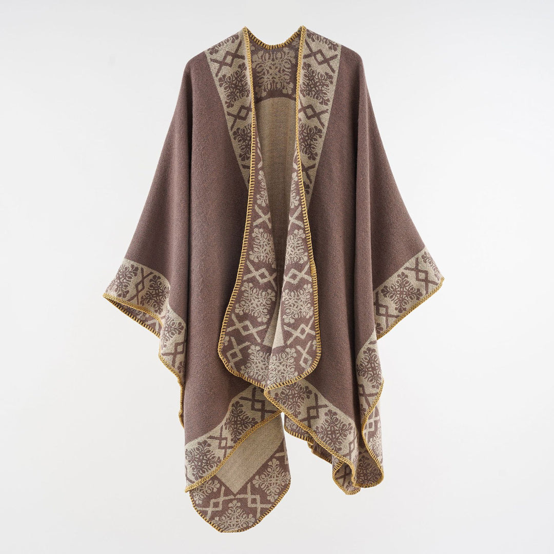 Damen Oversize-Umhangponcho aus Wollmix mit gewebter Bordüren-Jacquard und Zierkettelnaht Shop Nory