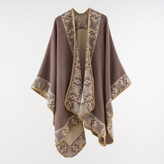 Damen Oversize-Umhangponcho aus Wollmix mit gewebter Bordüren-Jacquard und Zierkettelnaht Shop Nory