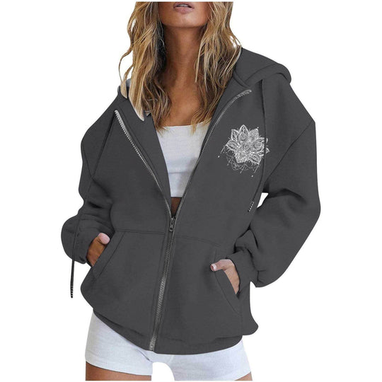 Damen nan oversized Kapuzenjacke mit Frontreißverschluss, Kängurutaschen und stilisiertem Sonnenblumenprint Shop Nory
