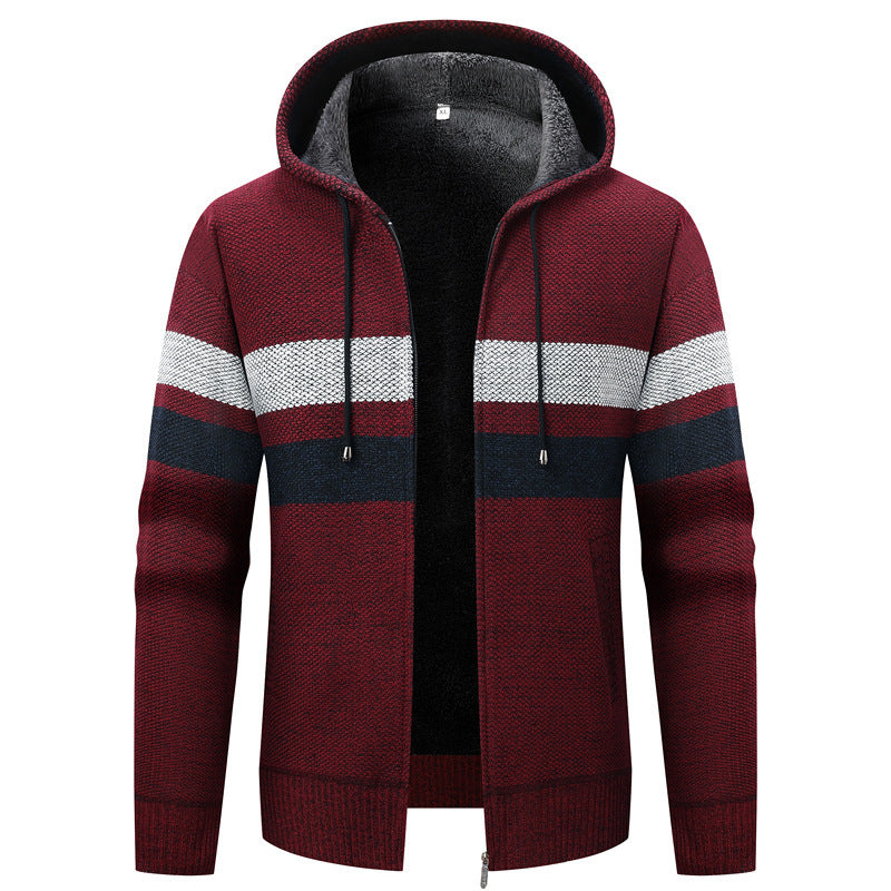Herren Strick-Ziphoodie mit Teddyfutter, durchgehendem Reißverschluss und Blockstreifen Shop Nory