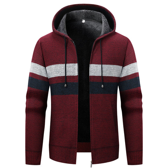 Herren Strick-Ziphoodie mit Teddyfutter, durchgehendem Reißverschluss und Blockstreifen Shop Nory