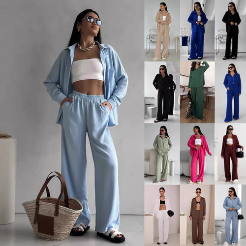 Damen Zweiteiliges Lounge-Set Oversize-Bluse mit Brusttasche und weiter Palazzo-Hose Shop Nory