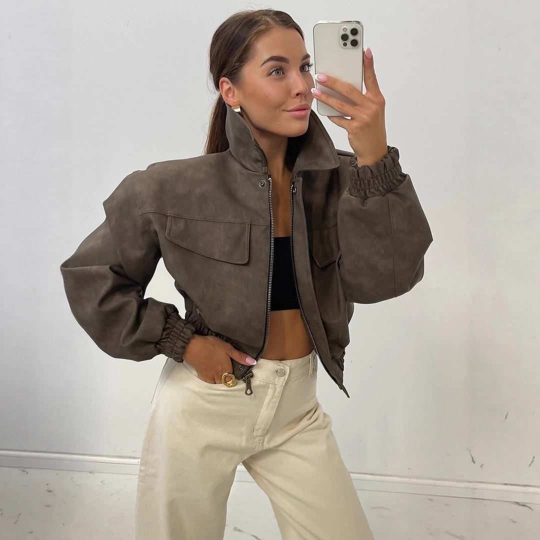 Damen Kurz geschnittene Kunstlederjacke mit aufgesetzten Brusttaschen Shop Nory
