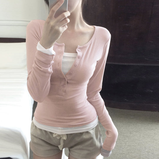 Damen nan tailliertes Henley-Crop-Longsleeve mit kontrastierenden Saum- und Ärmelbündchen Shop Nory