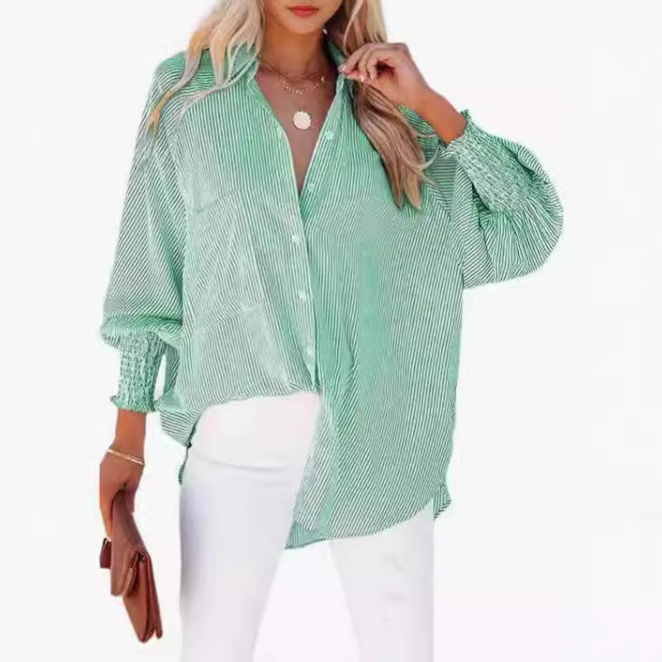 Damen legere Hemdbluse mit modischen Rüschenärmeln und Streifenmuster Shopnory