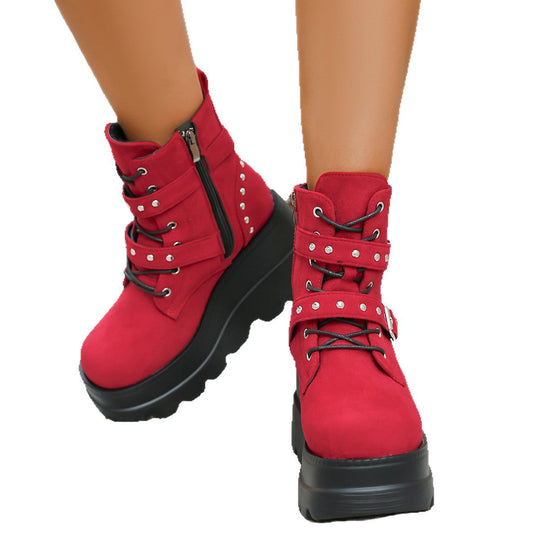 Damen Wedge-Stiefel mit modischen Schnallen und robustem Plateau