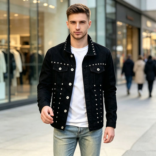 Herren Modische Jeansjacke mit Nieten Shop Nory
