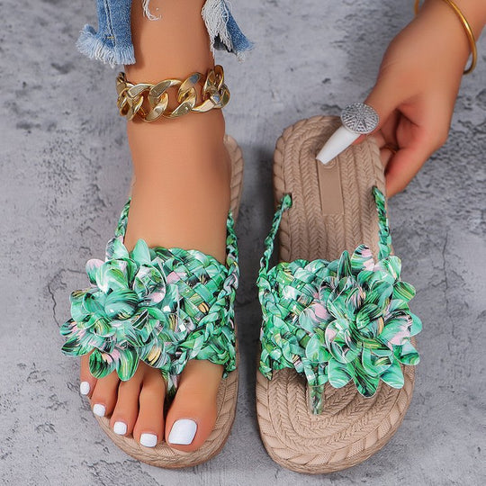 Damen Geflochtene Zehentrenner‑Sandalen mit XXL‑Blütenapplikation und gepolstertem Komfortfußbett Shop Nory