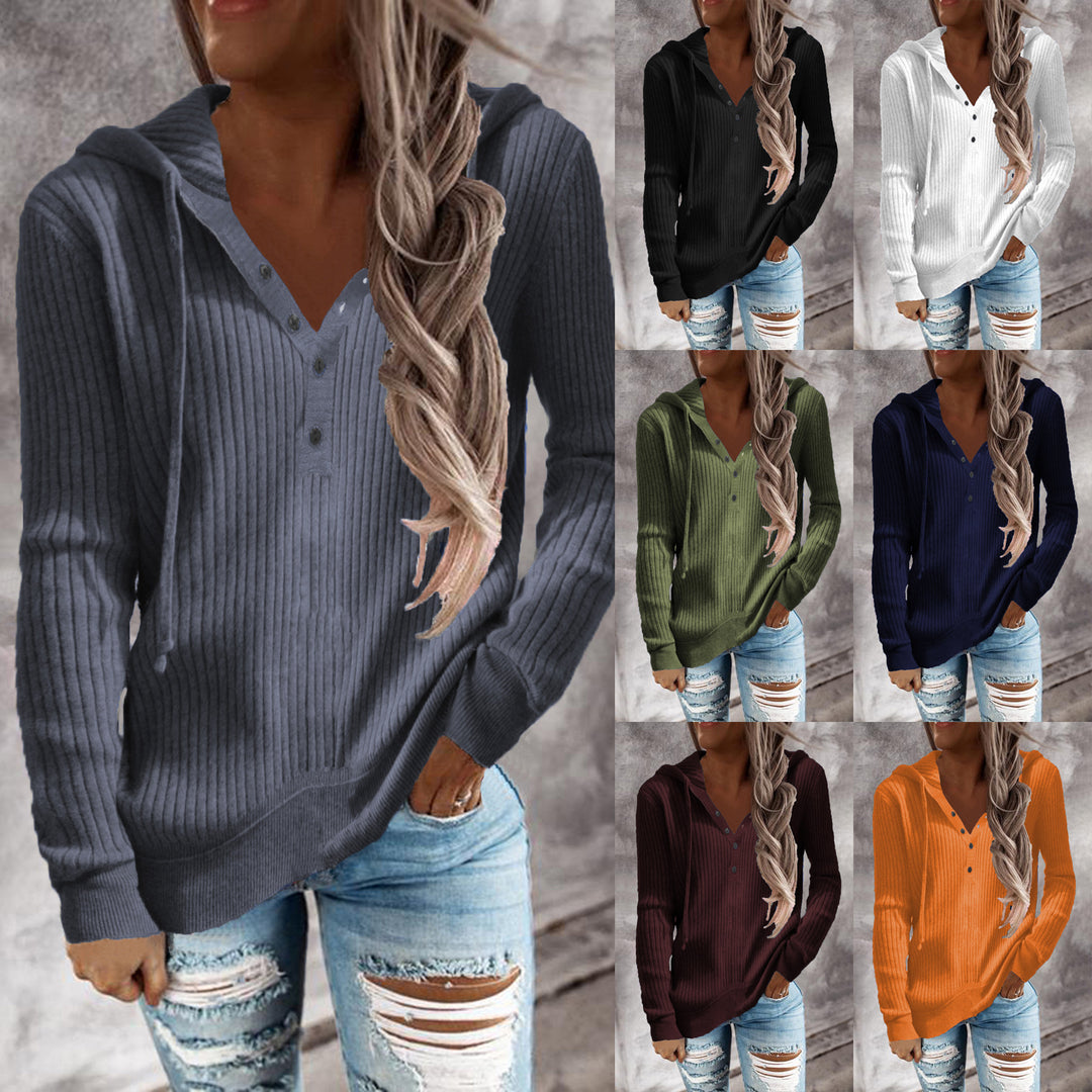 Damen Lässiger gerippter Hoodie-Pullover mit Henley-Knopfleiste und Tunnelzug Shop Nory