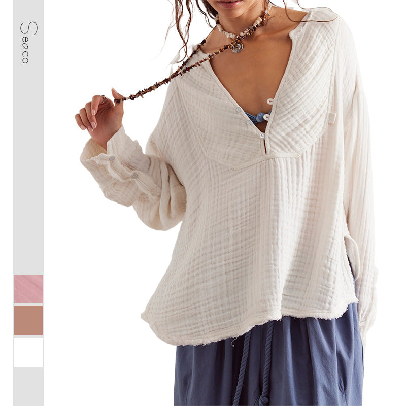 Damen Leichte Baumwoll-Gauze Bluse mit Henley-Ausschnitt Shop Nory
