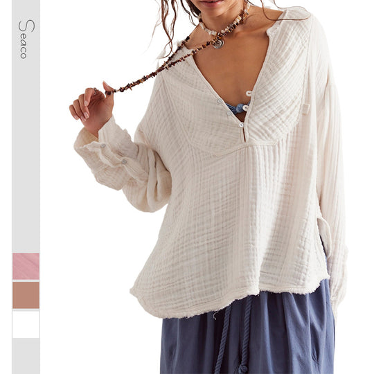 Damen Leichte Baumwoll-Gauze Bluse mit Henley-Ausschnitt Shop Nory
