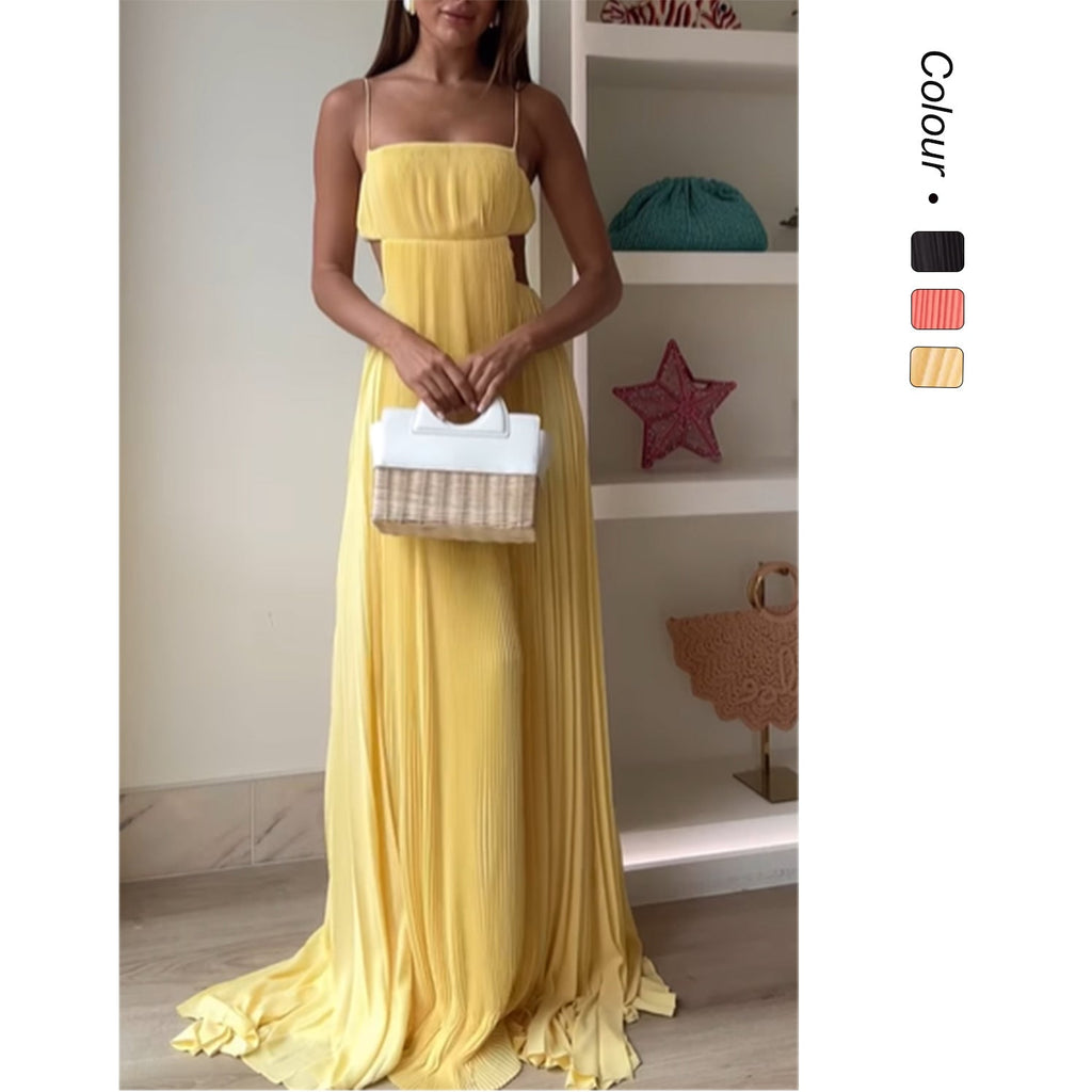 Damen Maxi-Kleid mit eleganter Plisseedetails und schmalen Spaghettiträgern