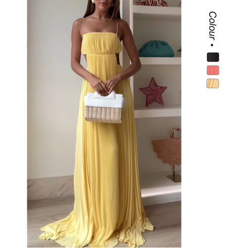 Damen Maxi-Kleid mit eleganter Plisseedetails und schmalen Spaghettiträgern