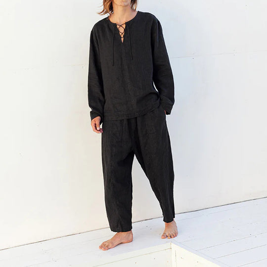 Herren Lockeres Leinen‑Look Freizeitset mit Schnürkragen und weiten Haremshosen Shop Nory