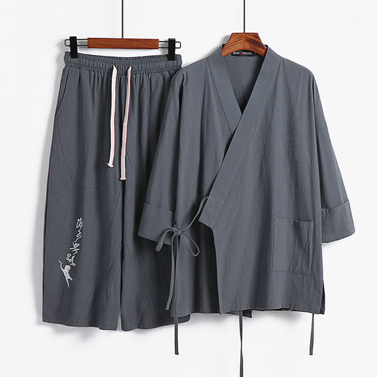 Unisex Leichtes Kimono-Loungewear-Set aus Baumwoll-Leinen mit bestickter Haremshose und Bindegürtel Shop Nory