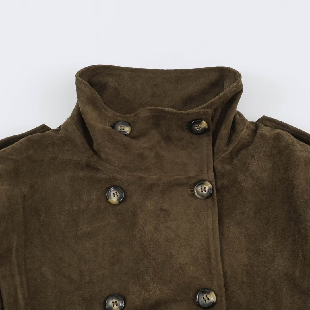 Damen Kurzgeschnittener Doppelreihiger Wildlederoptik-Bomber mit Stehkragen und Schulterpatten Shop Nory