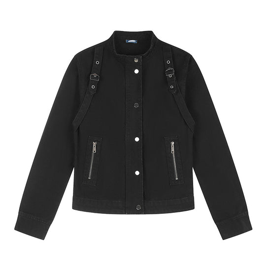 Damen Kurze Utility-Jacke mit Stehkragen, verstellbaren Schulterriemen und Druckknopfverschluss Shop Nory