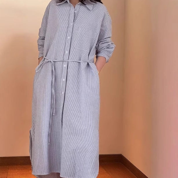 Damen Langes Hemdblusenkleid aus Popeline mit feiner Streifenstruktur, Kordel‑Taille und Seitenschlitzen Shop Nory
