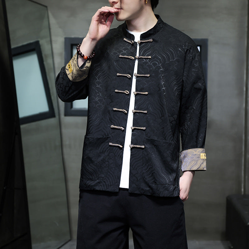 Herren traditionelle Tangjacke mit chinesischem Knotenverschluss und Brokatärmeln Shop Nory