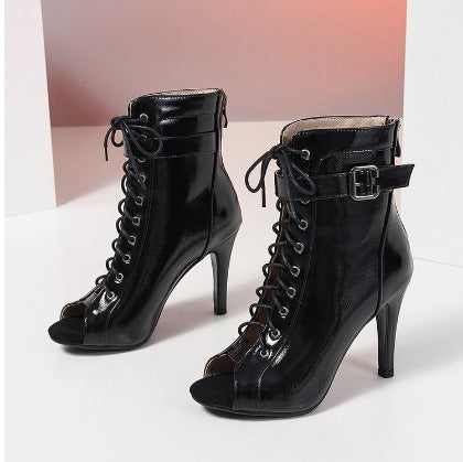 Damen Schnürstiefeletten mit offener Zehenpartie und hohem Absatz