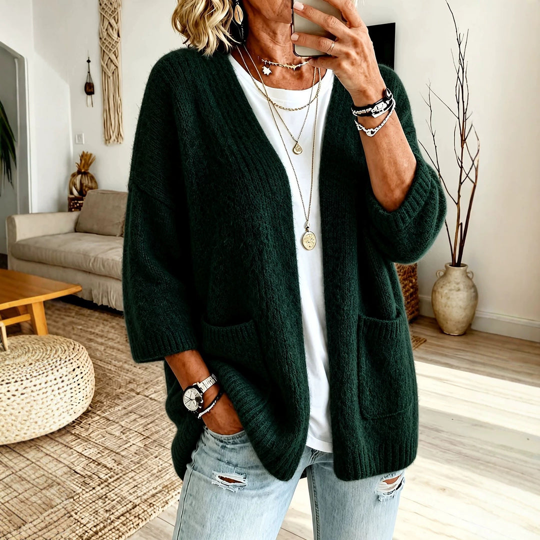 Damen Offener Longcardigan im Mohair-Look mit aufgesetzten Taschen und überschnittener Schulter Shop Nory