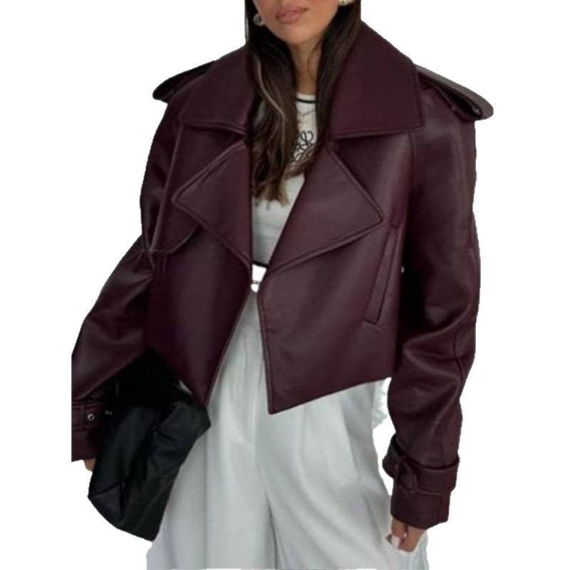 Damen Cropped-Bikerjacke aus Kunstleder mit übergroßem Revers, verstellbaren Manschetten und Epauletten Shop Nory