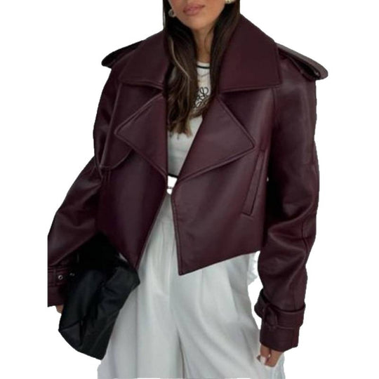 Damen Cropped-Bikerjacke aus Kunstleder mit übergroßem Revers, verstellbaren Manschetten und Epauletten Shop Nory