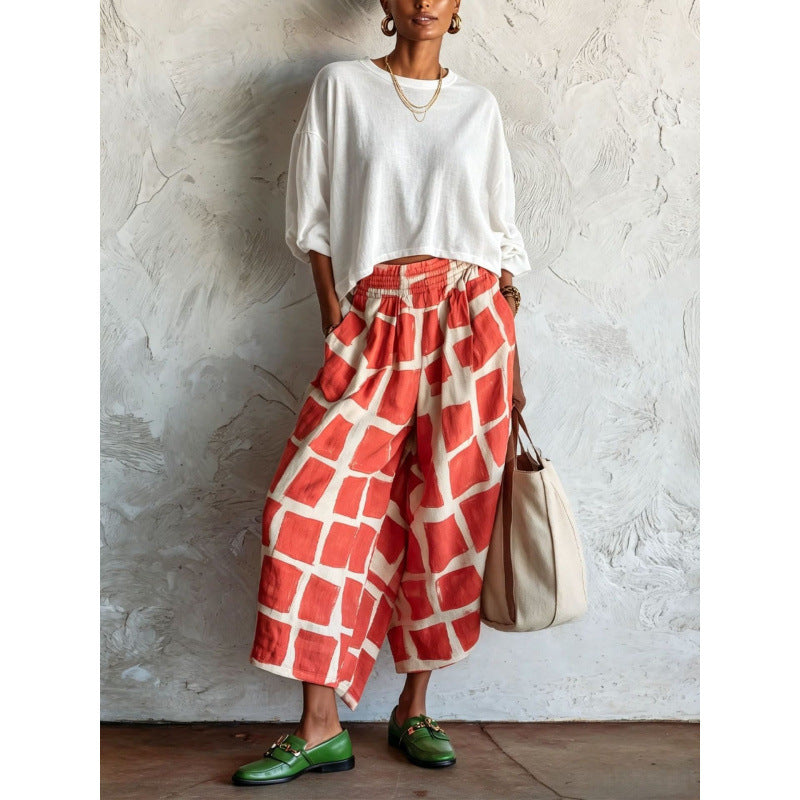 Damen Gemusterte Culotte-Palazzohose mit weitem Bein, elastischem Bund und Eingrifftaschen Shop Nory
